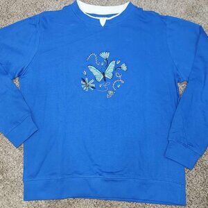 Vintage Blue Gold Coast Embroidered Butterfly Grandma Sweatshirt Sweater Medium